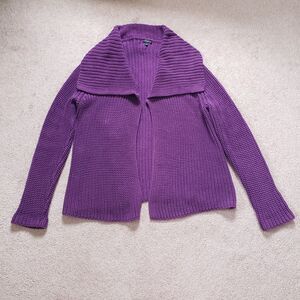 Talbots Chunky Knit Cardigan Sweater Open Front Purple Cotton Size Large Preppy